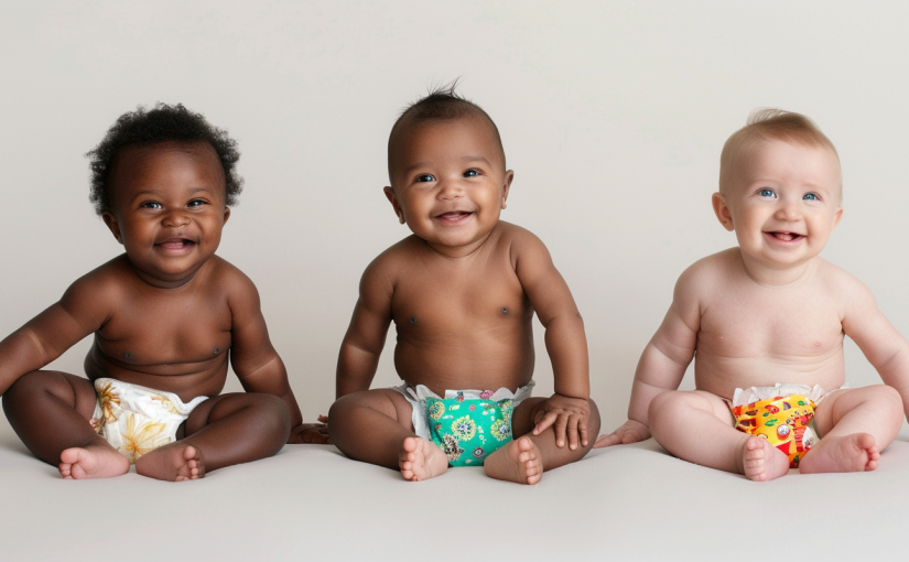 free baby samples - photo of three babies in diapers sitting upright smiling at the camera