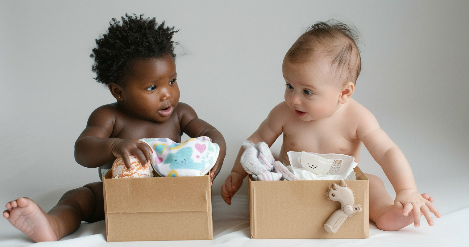 free baby samples - photo of two babies looking through a baby item sample box