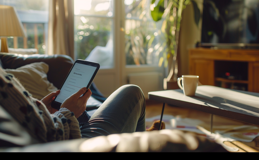 Person completing an online survey on Ipsos I-Say while sitting in a cozy living room with a coffee mug nearby.