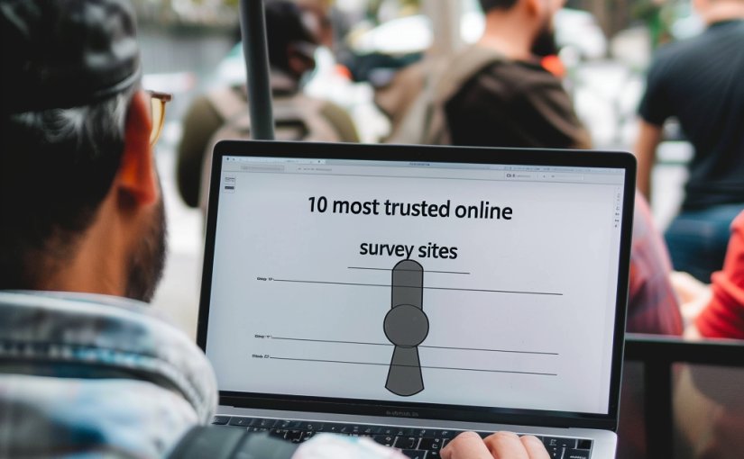 most trusted survey sites - view over the shoulder of a may looking at a computer screen showing the title 10 most trusted survey sites